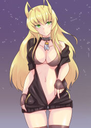 Rule 34 | 1girl, antennae, azur lane, belt, belt collar, bikini, bikini top only, black jumpsuit, blonde hair, blush, breasts, brown bikini, brown gloves, brown thighhighs, cleavage, closed mouth, collar, commentary request, cowboy shot, fingerless gloves, gloves, gluteal fold, green eyes, grey belt, highres, jumpsuit, large breasts, long hair, looking at viewer, medal, medium bangs, navel, no panties, sangue llia, short sleeves, single bare shoulder, smile, solo, sparkle, star (symbol), swimsuit, thighhighs, unzipped, wasp (azur lane)