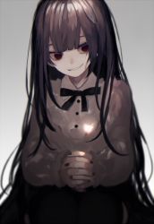 Rule 34 | 1girl, bad id, bad pixiv id, bags under eyes, beige shirt, black hair, black nails, black ribbon, black thighhighs, blunt bangs, blurry, buttons, collar, collared shirt, commentary, depth of field, evil smile, eyelashes, frilled shirt, frills, gradient background, grey background, grin, gwen (g90z  ), legs together, long hair, long sleeves, looking at viewer, multicolored background, nail polish, neck ribbon, original, own hands clasped, own hands together, red eyes, ribbon, shirt, simple background, sitting, smile, solo, straight hair, teeth, thighhighs, toenail polish, toenails, tsurime, two-tone background, very long hair, white background, wing collar