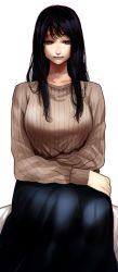 Rule 34 | 1girl, black hair, black skirt, breasts, brown sweater, chainsaw man, green eyes, highres, hoshi san 3, large breasts, long hair, long skirt, long sleeves, looking at viewer, mole, mole on cheek, mole under eye, mole under mouth, parted lips, ribbed sweater, simple background, sitting, skirt, smile, solo, sweater, white background