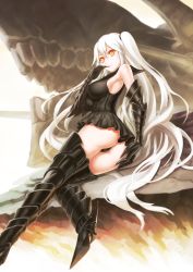 Rule 34 | 10s, 1girl, abyssal ship, aircraft carrier oni, armor, armored boots, ass, black dress, black panties, boots, breasts, dress, female focus, gauntlets, hand to own mouth, high heels, highres, impossible clothes, impossible dress, kantai collection, large breasts, long hair, looking at viewer, one side up, orange eyes, panties, sailor dress, short dress, sideboob, solo, thigh boots, thighhighs, thong, tongue, tongue out, underwear, very long hair, white hair, xsk (ruanmumu)