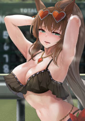 Rule 34 | 1girl, absurdres, armpits, arms behind head, arms up, bikini, black bikini, blush, breasts, brown hair, cleavage, commission, frilled bikini, frills, gem, green eyes, hair between eyes, highres, horse girl, jewelry, long hair, maruzensky (blasting off summer night) (umamusume), maruzensky (umamusume), mute (mute89539160), necklace, official alternate costume, pixiv commission, ponytail, red gemstone, smell, solo, sunglasses, sunglasses on head, sweat, swimsuit, umamusume