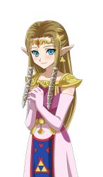 Rule 34 | 1girl, asatsuki (fgfff), bad id, bad pixiv id, blue eyes, brown hair, dress, earrings, elbow gloves, gloves, highres, jewelry, long hair, muedo, nintendo, own hands together, pointy ears, princess zelda, simple background, smile, solo, the legend of zelda, the legend of zelda: twilight princess, tiara, white background