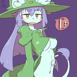 Rule 34 | 1girl, cat, furry, hat, looking at viewer, open mouth, purple background, purple hair, simple background, the amboina, witch hat, yellow eyes