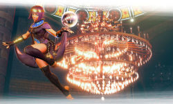 Rule 34 | 1girl, black thighhighs, blunt bangs, bracer, capcom, chandelier, circlet, clothing cutout, crystal ball, dark-skinned female, dark skin, egyptian, egyptian clothes, egyptian necklace, eyeshadow, feet, fingerless gloves, gloves, green eyes, highres, hime cut, looking at viewer, makeup, menat, navel cutout, official art, purple hair, shawl, solo, street fighter, street fighter v, thighhighs, toeless legwear, toes