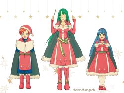Rule 34 | aged down, alternate costume, blue hair, blush, breasts, cape, cecilia (fire emblem), cecilia (winter) (fire emblem), christmas, couple, dress, elbow gloves, fire emblem, fire emblem: the binding blade, fire emblem heroes, fur trim, gloves, green eyes, green hair, hat, headband, highres, large breasts, lilina (fire emblem), long hair, looking at viewer, merry christmas, nintendo, open mouth, red dress, red gloves, red hair, roy (fire emblem), sack, santa costume, santa hat, shinchinagachi, short hair, simple background, smile