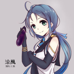 Rule 34 | 10s, 1girl, ahoge, bare shoulders, black gloves, blue hair, character name, colis (regunm772), dated, eggplant, elbow gloves, gloves, green eyes, grey background, kantai collection, low twintails, neckerchief, sailor collar, school uniform, serafuku, shirt, simple background, sleeveless, sleeveless shirt, smile, solo, suzukaze (kancolle), twintails, upper body