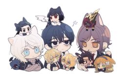 Rule 34 | 1other, 4boys, 5girls, :&lt;, animal ears, black eyes, black hair, black jacket, black vest, blonde hair, blue eyes, brown eyes, brown hair, brown hairband, brown sweater, cat boy, cat ears, cat girl, chibi, clock, closed mouth, collared shirt, commentary request, crossed arms, cup, dante (limbus company), dog boy, dog ears, dog girl, don quixote (project moon), earclip, fang, faust (project moon), green eyes, hair between eyes, hair ribbon, hairband, heathcliff (project moon), holding, holding cup, ishmael (project moon), jacket, kemonomimi mode, korean commentary, limbus company, lm (lc goodgame), long hair, long sleeves, medium hair, meursault (project moon), mini person, miniboy, minigirl, multiple boys, multiple girls, necktie, no nose, object head, open clothes, open jacket, open mouth, orange eyes, orange hair, outis (project moon), project moon, purple hair, rabbit boy, rabbit ears, red eyes, red necktie, ribbed sweater, ribbon, ryoshu (project moon), shirt, short hair, simple background, sinclair (project moon), smile, smoking, sweater, turtleneck, turtleneck sweater, vest, white background, white hair, white ribbon, white shirt, yi sang (project moon)