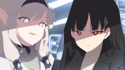 Rule 34 | 2girls, angry, black hair, black jacket, blue archive, bright pupils, commentary request, flower, glowing, glowing eyes, hair flower, hair ornament, hairband, hairclip, highres, himari (blue archive), jacket, long hair, mole, mole under eye, multiple girls, pointy ears, purple eyes, red eyes, rio (blue archive), shaded face, smile, sweater, turtleneck, turtleneck sweater, utyuueituu, very long hair, white hair, white pupils, white sweater