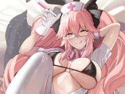 Rule 34 | 1girl, animal ears, bikini, bikini under clothes, black bikini, black bow, blush, bow, breasts, cleavage, dress, fate/grand order, fate (series), fox tail, glasses, gloves, hair between eyes, hair bow, hat, koyanskaya (assassin) (second ascension) (fate), koyanskaya (fate), large breasts, licking lips, long hair, looking at viewer, nurse, nurse cap, open clothes, pantyhose, pink hair, rabbit ears, short sleeves, sidelocks, skindentation, smile, solo, swimsuit, syringe, tail, tamamo (fate), thighs, tongue, tongue out, twintails, untue, white dress, white gloves, white hat, white pantyhose, yellow eyes