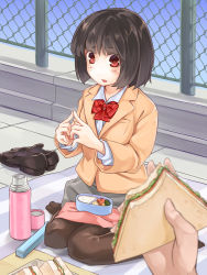 Rule 34 | 1girl, asutora, bad id, bad pixiv id, bento, black hair, black pantyhose, blanket, blazer, bow, fingers together, food, highres, jacket, loafers, long sleeves, looking at viewer, original, pantyhose, pov, pov hands, red eyes, rooftop, sandwich, school uniform, shoes, short hair, sitting, skirt, solo, solo focus, thermos, unworn shoes, wariza