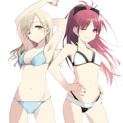Rule 34 | 10s, 2girls, absurdres, alternate hairstyle, armpits, arms up, bad id, bad pixiv id, bikini, black bikini, blonde hair, blue bikini, breasts, fingernails, hair down, hair ribbon, hands on own hips, highres, large breasts, long hair, looking at viewer, mahou shoujo madoka magica, mahou shoujo madoka magica (anime), misteor, multicolored bikini, multicolored clothes, multiple girls, navel, one eye closed, polka dot, polka dot bikini, red eyes, red hair, ribbon, sakura kyoko, small breasts, smile, standing, swimsuit, tomoe mami, white background, white bikini, yellow eyes