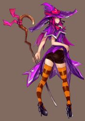 Rule 34 | 1girl, 3gs, elsword, hallow witch (elsword), hat, highres, long hair, multicolored clothes, multicolored legwear, pink eyes, pink hair, shorts, solo, staff, striped clothes, striped thighhighs, thighhighs, witch, witch hat