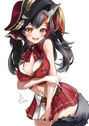 Rule 34 | 1girl, :d, animal ears, ascot, black hair, black hat, blush, breasts, center opening, cleavage, cosplay, fang, hair ornament, hat, highres, hololive, houshou marine, houshou marine (1st costume), houshou marine (cosplay), kito koruta, large breasts, long hair, looking at viewer, midriff, multicolored hair, navel, ookami mio, open mouth, pirate, pirate hat, pleated skirt, red ascot, red hair, red skirt, signature, simple background, skirt, smile, solo, streaked hair, tail, two-tone skirt, virtual youtuber, white background, white skirt, wolf ears, wolf girl, wolf tail, yellow eyes