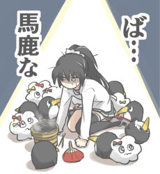 Rule 34 | 10s, 1girl, apron, black hair, chopsticks, failure penguin, grill, hand fan, high ponytail, isokaze (kancolle), kantai collection, kappougi, knees together feet apart, long hair, looking down, miss cloud, no mouth, o o, paper fan, ponytail, prostration, scrunchie, shaded face, shichirin, sitting, spotlight, sweat, tewarusa, translation request, uchiwa, wariza