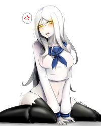 Rule 34 | 1girl, abyssal ship, anger vein, blue neckerchief, chinese text, commentary, glowing, glowing eyes, hi ye, kantai collection, long hair, midriff, mixed-language commentary, navel, neckerchief, no pants, sailor collar, sailor shirt, shirt, signature, sitting, solo, spoken anger vein, ta-class battleship, thighhighs, twitter username, wariza, white hair, yellow eyes