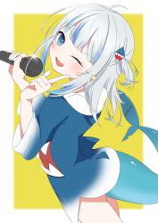 Rule 34 | 1girl, ;d, absurdres, aka tadaima, blue eyes, blue hair, blue hoodie, blunt bangs, blush, fins, fish tail, gawr gura, gawr gura (1st costume), grey hair, hair ornament, highres, holding, holding microphone, hololive, hololive english, hood, hood down, hoodie, long hair, long sleeves, looking at viewer, microphone, multicolored hair, no pants, one eye closed, open mouth, shark girl, shark hair ornament, shark tail, sharp teeth, smile, solo, streaked hair, tail, teeth, two side up, virtual youtuber