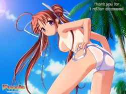 Rule 34 | 00s, 1girl, 2003, ahoge, ass, beach, blush, breasts, brown hair, cameltoe, cloud, day, double bun, from behind, hair bun, hair ribbon, iwasaki kouji, leaning forward, lens flare, long hair, looking back, majipuri, medium breasts, milestone celebration, one-piece swimsuit, one-piece tan, open mouth, outdoors, palm tree, purple eyes, purple software, ribbon, school swimsuit, sky, solo, swimsuit, tan, tanline, topless, tree, twintails, undressing, white one-piece swimsuit, white school swimsuit, yuuri