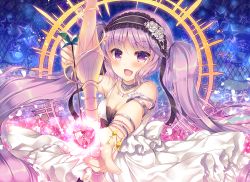 Rule 34 | 1girl, arrow (projectile), bare shoulders, blush, bow (weapon), dress, euryale (fate), euryale (third ascension) (fate), fate/grand order, fate/hollow ataraxia, fate (series), hairband, heart, lolita hairband, long hair, open mouth, purple eyes, purple hair, smile, suzunone rena, twintails, very long hair, weapon, white dress