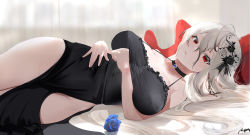 Rule 34 | 1girl, ahoge, arknights, bare arms, bare shoulders, black choker, blue flower, blush, bow, breasts, breasts apart, choker, dress, flower, glint, hair between eyes, hair in own mouth, hair ornament, jewelry, large breasts, long hair, looking at viewer, lying, omone hokoma agm, on back, pelvic curtain, red eyes, ring, rose, silver hair, skadi (arknights), sleeveless, sleeveless dress, solo, strap gap, thighs, twitter username, wet, white bow