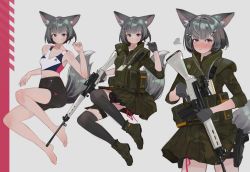 Rule 34 | absurdres, animal ear fluff, animal ears, assault rifle, bare shoulders, barefoot, bike shorts, blue eyes, blush, boots, breasts, camouflage, camouflage jacket, camouflage skirt, closed mouth, dagger, embarrassed, fox ears, fox tail, full body, gloves, green footwear, green jacket, green skirt, grey background, grey gloves, grey hair, grey skirt, grey thighhighs, gun, hair ornament, hairclip, hand up, handgun, highres, holding, holding gun, holding weapon, holster, jacket, knife, looking at viewer, miniskirt, multiple views, original, polilla, rifle, short hair, simple background, skirt, small breasts, sportswear, tail, thigh holster, thigh strap, thighhighs, trigger discipline, v-shaped eyebrows, weapon