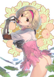 Rule 34 | 1girl, :d, adapted costume, ass, blonde hair, bottomless, breasts, brown eyes, covering privates, covering one breast, djeeta (granblue fantasy), from side, gauntlets, granblue fantasy, hair intakes, hairband, head tilt, highres, looking at viewer, looking back, medium breasts, medium hair, naruse hirofumi, open mouth, red hairband, shirt, smile, solo, white shirt
