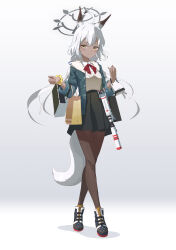 Rule 34 | 1girl, absurdres, ahoge, animal ear fluff, animal ears, bag, black pantyhose, black skirt, blue archive, blue jacket, bow, bowtie, breasts, brown eyes, brown nails, closed mouth, collared shirt, dark-skinned female, dark skin, dated commentary, fox ears, fox girl, fox tail, full body, fur-trimmed jacket, fur trim, gradient background, grey background, gun, halo, hand up, highres, jacket, light smile, long hair, looking at viewer, nail polish, object request, original, pantyhose, red bow, red bowtie, ryeon (bluetom1), scrunchie, shadow, shirt, shirt tucked in, shopping bag, skirt, skorpion vz. 61, small breasts, solo, standing, submachine gun, tail, weapon, white hair, white shirt, wrist scrunchie, yellow scrunchie, yen sign
