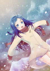 Rule 34 | 1girl, blue eyes, blue hair, coat, dokidoki! precure, dutch angle, half updo, happy, hishikawa rikka, long hair, matching hair/eyes, mittens, outstretched arms, precure, red mittens, scarf, slowpit, smile, snow, snowing, solo, spread arms