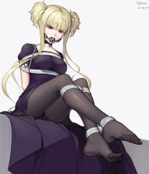 Rule 34 | 1girl, aoki hagane no arpeggio, arms behind back, ball gag, bdsm, black pantyhose, blonde hair, bondage, bound, bound ankles, breasts, choker, feet, gag, gagged, gbeeee, kongou (aoki hagane no arpeggio), medium breasts, pantyhose, rope, soles, solo, wiffle gag