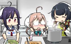 Rule 34 | 10s, 3girls, :d, ^ ^, ahoge, apron, black hair, blush, rabbit, carrot, cooking, dated, closed eyes, flying sweatdrops, glasses, hair tubes, hamu koutarou, head scarf, highres, kantai collection, kitchen, knife, long hair, makigumo (kancolle), mizuho (kancolle), multiple girls, neckerchief, opaque glasses, open mouth, pink hair, pot, sidelocks, sink, sleeves past wrists, smile, taigei (kancolle), twintails, very long hair