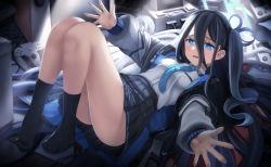 Rule 34 | 1girl, absurdly long hair, aris (blue archive), black hairband, black skirt, blue archive, blue eyes, blue hair, blue necktie, bright pupils, collared shirt, dark blue hair, grey jacket, hair between eyes, hairband, halo, jacket, long hair, long sleeves, lying, miniskirt, necktie, on back, one side up, open clothes, open jacket, panties, pleated skirt, ringed eyes, shirt, skirt, solo, totororo, underwear, very long hair, white panties, white pupils, white shirt