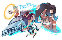 Rule 34 | 1970, 1980, 4girls, aperture science handheld portal device, back to the future, callie (splatoon), car, chell (cosplay), clothes around waist, cosplay, crossover, dark-skinned female, dark skin, delorean, driving, eyelashes, gomipomi, gullwing doors, hoverboard, marie (splatoon), marina (splatoon), motor vehicle, multiple crossover, multiple girls, nintendo, open mouth, pearl (splatoon), portal (object), portal (series), simple background, smile, splatoon (series), splatoon 2, tank top, tentacle hair, time machine, white background