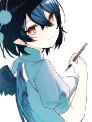 Rule 34 | 1girl, absurdres, back, black hair, blue shirt, closed mouth, collared shirt, commentary request, crossed bangs, from behind, hair between eyes, hands up, highres, ikasoba, looking at viewer, looking back, note, pen, pointy ears, pom pom (clothes), puffy short sleeves, puffy sleeves, red eyes, shameimaru aya, shirt, short hair, short sleeves, simple background, smile, solo, touhou, white background, wings