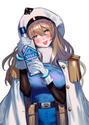 Rule 34 | 1girl, :p, absurdres, alcohol, andreanof pepesha, blue dress, blue eyes, blush, bottle, breasts, brown hair, bukimi isan, copyright name, cowboy shot, dress, fur collar, gloves, hands up, highres, holding, holding bottle, large breasts, long hair, long sleeves, official art, pouch, shy (series), smile, solo, spirits (shy), tongue, tongue out, translation request, vodka, white gloves, white headwear