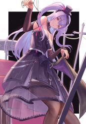 Rule 34 | 1girl, absurdres, ajax (azur lane), ajax (party queen) (azur lane), alcohol, alternate costume, arm up, azur lane, bare shoulders, black bow, black dress, black footwear, black hat, blush, bow, breasts, bridal gauntlets, brown pantyhose, cannon, clothes lift, commentary request, crossed legs, cup, dress, dress lift, drinking glass, floating hair, flower, gore (white gore), hair bow, hat, hat flower, head tilt, high heels, highres, holding, holding cup, lifted by self, long hair, long sleeves, mini hat, mini top hat, pantyhose, pouring, purple eyes, purple flower, purple hair, purple rose, rose, see-through, shoes, small breasts, smile, stairs, standing, strapless, strapless dress, striped clothes, striped headwear, table, tilted headwear, top hat, tsurime, two side up, vertical-striped clothes, vertical-striped headwear, vertical-stripes, very long hair, wine, wine glass