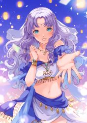Rule 34 | 1girl, alternate costume, bare shoulders, blue eyes, breasts, circlet, cleavage, commission, crop top, dancer, fire emblem, fire emblem: the blazing blade, florina (fire emblem), grin, highres, jewelry, long hair, looking at viewer, midriff, navel, necklace, nintendo, outstretched arm, pegasus knight uniform (fire emblem), purple eyes, skirt, smile, solo, veil, wawatiku