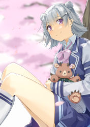 Rule 34 | 1girl, blue jacket, blue skirt, blurry, blurry background, blush, bow, cevio, closed mouth, collared shirt, commentary request, depth of field, double bun, dress shirt, feet out of frame, grey hair, grey shirt, hair between eyes, hair bun, highres, jacket, kanzen bouon, kneehighs, knees up, koharu rikka, hugging object, open clothes, open jacket, pink bow, pleated skirt, purple eyes, shirt, sitting, skirt, smile, socks, solo, stuffed animal, stuffed toy, teddy bear, tree, white socks