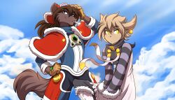 absurdres capelet cloud cloudy_sky cosplay elh_melizee elh_melizee_(cosplay) fur_trim furry furry_with_furry henstonvennic highres keith_keiser little_tail_bronx natani outdoors red_savarin red_savarin_(cosplay) sky solatorobo standing tom_fischbach twokinds