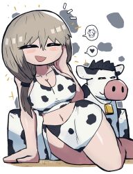Rule 34 | 1girl, absurdres, animal, animal print, bell, breasts, cleavage, closed eyes, collarbone, cow, cow print, cowbell, curvy, facing viewer, female focus, grey hair, hand on own face, heart, highres, large breasts, legs, long hair, lying, mature female, navel, open mouth, smile, solo, thick thighs, thighs, tony welt, uzaki-chan wa asobitai!, uzaki tsuki, wide hips