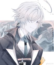 Rule 34 | 1boy, absurdres, ahoge, arknights, artist name, black coat, black necktie, blue eyes, closed mouth, coat, collared shirt, enforcer (arknights), hair over one eye, halo, highres, id card, long hair, looking at viewer, muted color, necktie, shirt, silver hair, smile, upper body, weibo watermark, white shirt, zuo daoxing