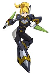 1girl alia_(mega_man) alternate_costume armor black_armor blonde_hair breasts capcom closed_mouth dual_wielding full_body gloves holding kadej kunai large_breasts legs long_hair looking_at_viewer mega_man_(series) mega_man_x_(series) ninja smile solo thighs weapon