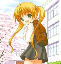 Rule 34 | blonde hair, blush, character request, green eyes, happy, inou shin, long hair, lowres, outdoors, sky, source request, tree, twintails