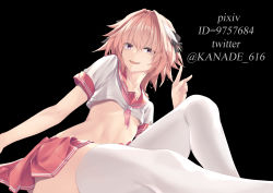 Rule 34 | 1boy, absurdres, astolfo (fate), astolfo (sailor paladin) (fate), black background, black bow, blouse, blush, bow, braid, fate/apocrypha, fate/grand order, fate (series), hair between eyes, hair intakes, highres, kana616, long braid, long hair, looking at viewer, male focus, multicolored hair, neckerchief, official alternate costume, pink hair, pink neckerchief, pink serafuku, purple eyes, school uniform, serafuku, shirt, simple background, single braid, sitting, smile, solo, streaked hair, thighhighs, thighs, trap, v, white shirt, white thighhighs