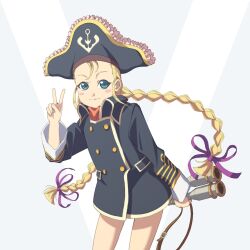 Rule 34 | 1girl, binoculars, blonde hair, blue eyes, blush stickers, braid, closed mouth, hair ribbon, hat, highres, kaien advance, long hair, looking at viewer, patty fleur, pirate hat, ribbon, solo, tales of (series), tales of vesperia, twin braids, v