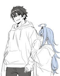 Rule 34 | 1boy, 1girl, ahoge, blue hair, couple, embarrassed, hetero, highres, holding hands, hood, hoodie, kise itsuki, long hair, looking at another, monochrome, original, profile, simple background, sketch, smile, spot color, yellow eyes