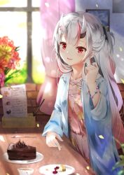 Rule 34 | 1girl, aizawa (aizawatsu), bead bracelet, beads, blue jacket, blush, bracelet, braid, cake, cake slice, chocolate cake, commentary request, day, dress, floral print, flower, food, gradient hair, hand on table, hand up, highres, hololive, horns, jacket, jewelry, long sleeves, looking at viewer, multicolored hair, nakiri ayame, oni, open clothes, open jacket, pink dress, print dress, red eyes, red hair, skin-covered horns, smile, solo, streaked hair, table, virtual youtuber, white hair, window