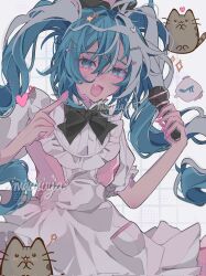 Rule 34 | 1girl, 2koma, aqua eyes, aqua hair, artist name, blue eyes, blue hair, cat, comic, dress, grid background, hair between eyes, hair ornament, hairclip, hand up, hatsune miku, highres, holding, holding microphone, long hair, looking at viewer, mausuya, microphone, nail polish, open mouth, pink nails, puffy short sleeves, puffy sleeves, ribbon, short sleeves, single thighhigh, solo, thighhighs, twintails, upper body, very long hair, vocaloid, white dress