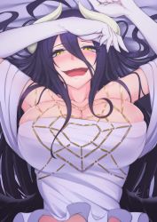 Rule 34 | 1girl, :d, ahoge, albedo (overlord), armpits, bare shoulders, black hair, blush, breasts, cleavage, collarbone, commentary request, demon girl, demon horns, dress, gloves, hair between eyes, highres, horns, large breasts, long hair, looking at viewer, lying, nigane, on back, open mouth, overlord (maruyama), slit pupils, smile, solo, white dress, white gloves, yellow eyes