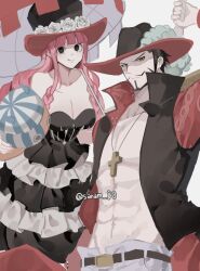 Rule 34 | 1boy, 1girl, bad id, bad twitter id, bare shoulders, belt, black dress, black hair, blunt bangs, braid, coat, commentary, commentary request, cross pendant, dracule mihawk, dress, facial hair, frilled dress, frills, hat, hat feather, holding, holding sword, holding weapon, joman, korean commentary, kumacy, long hair, looking at viewer, mustache, one piece, pants, perona, pink hair, simple background, sleeveless, sleeveless dress, smile, stuffed toy, sword, top hat, umbrella, weapon, white background