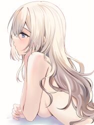 Rule 34 | 1girl, blonde hair, blue eyes, blush, breasts, closed mouth, commentary, english commentary, highres, long hair, medium breasts, mole, mole under eye, original, ry thae, simple background, solo, upper body, white background