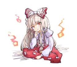 Rule 34 | 1girl, bow, fire, fujiwara no mokou, hair bow, hand on own face, highres, jumpsuit, long hair, long sleeves, looking at viewer, primsla, red eyes, red jumpsuit, solo, solo focus, touhou, white hair
